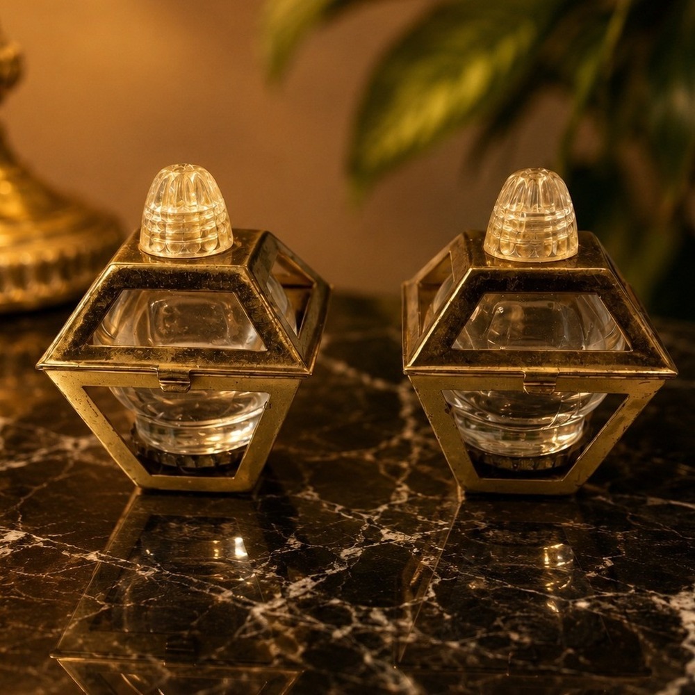 Vintage Brass Lantern Salt and Pepper Shakers Set Glass Globe Geometric Cage